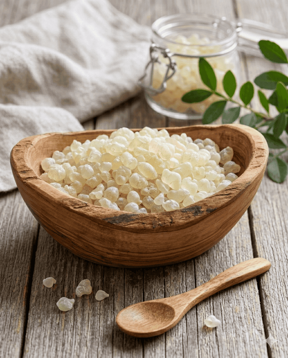 Mastic resin in a wooden bowl